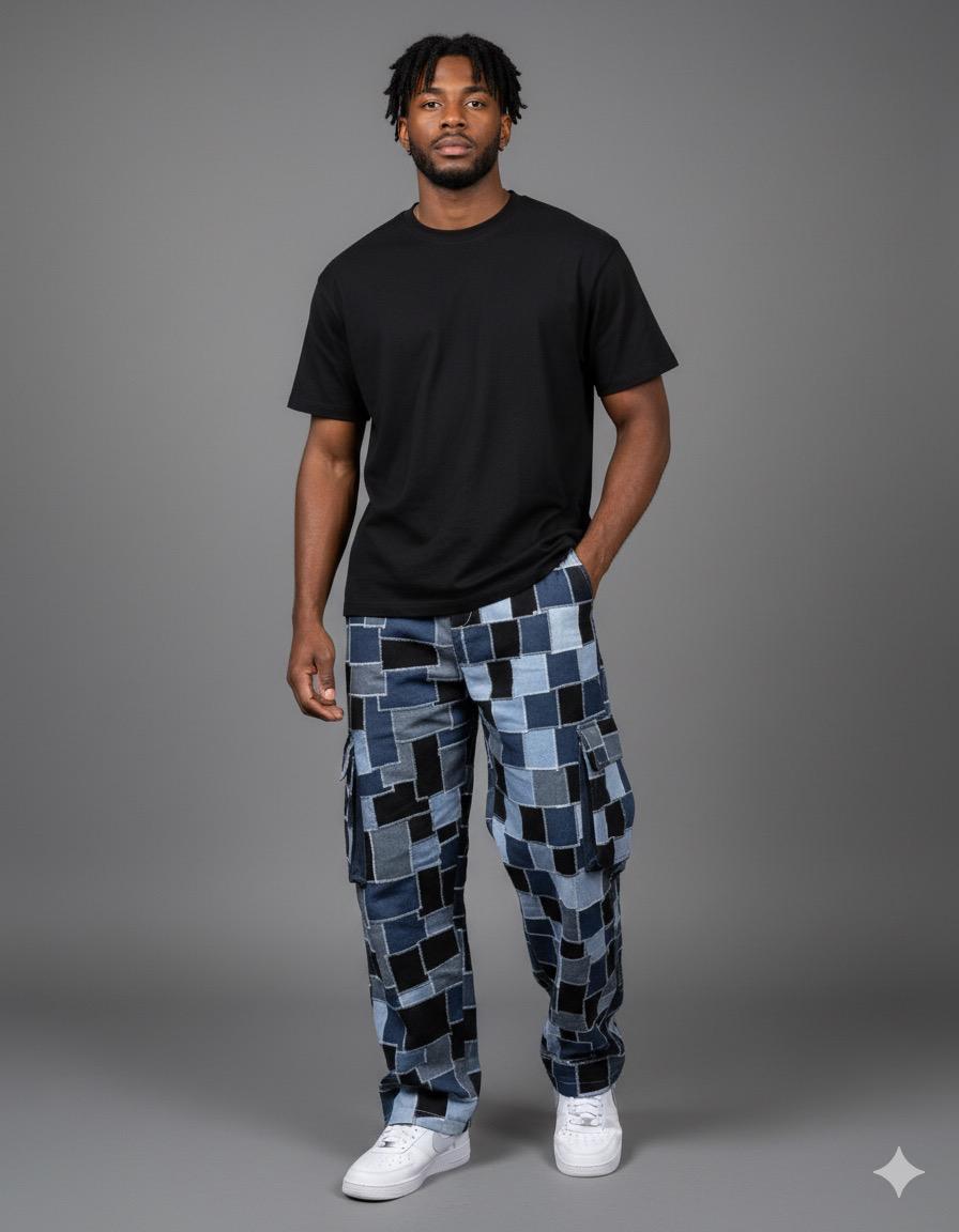 PATCHWORK DENIM CARGO PANTS