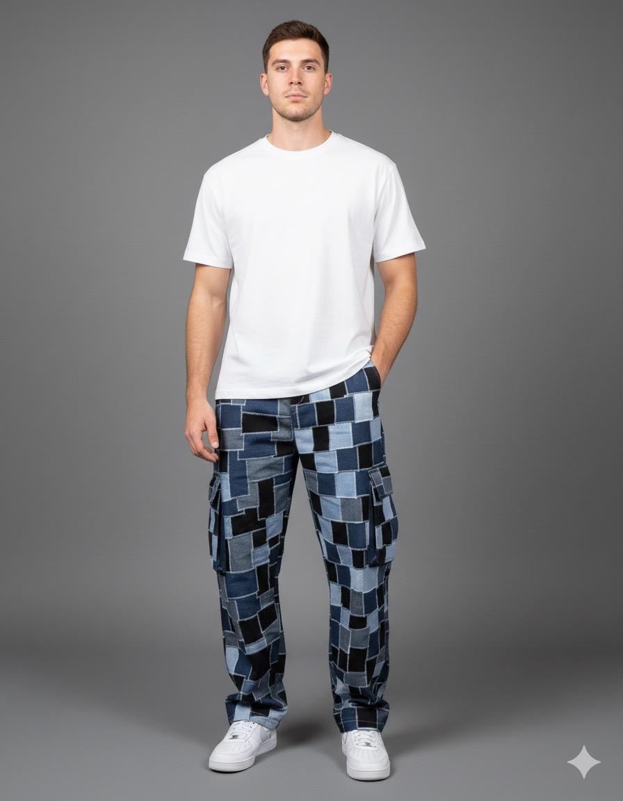 PATCHWORK DENIM CARGO PANTS